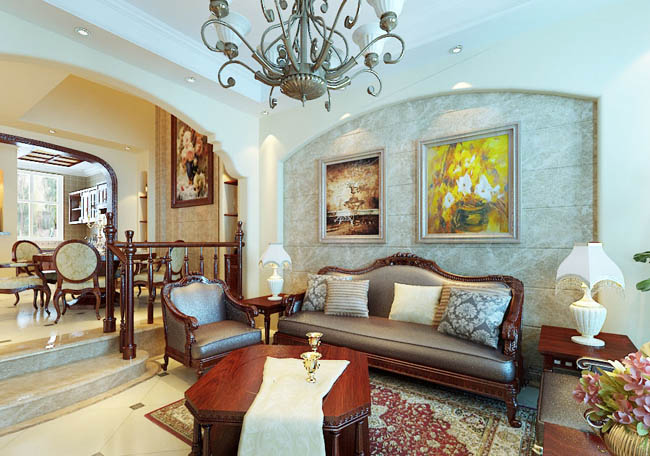 别墅客厅装修效果，充溢着时尚简约感。